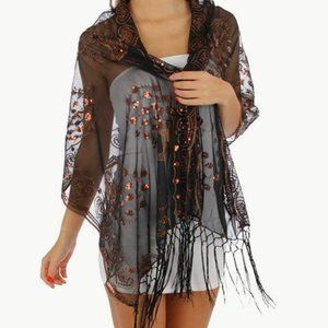 Sheer Peacock & Heart Sequin Fringed Evening Wrap Shawl Prom Wedding Brown NWT